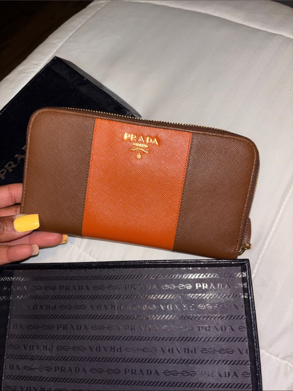 Brand new Prada Brown and Orange Saffiano Leather Zip Wallet